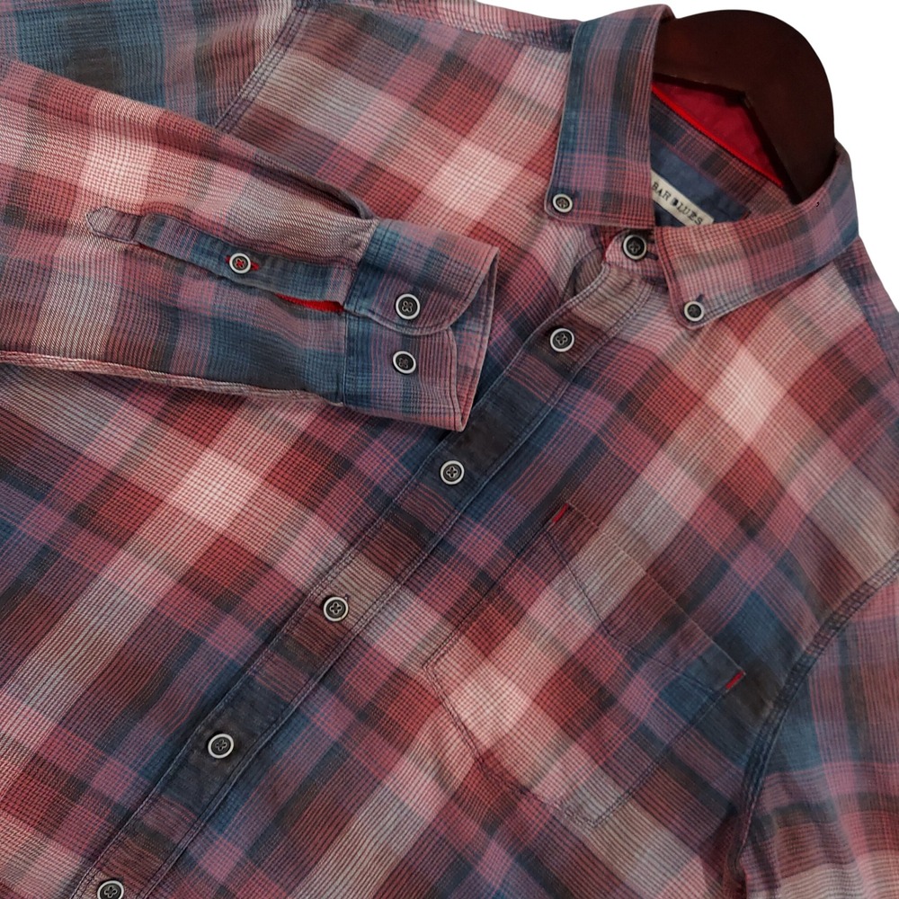32 Bar Blues Button Down Shirt Mens Medium Red Blue Plaid Cotton Long Sleeve